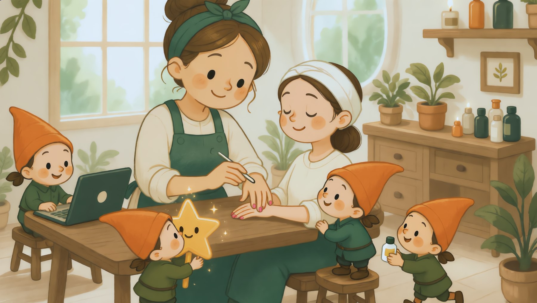 ネイルサロンでネイリストがお客様の爪を彩り、こびとたちが集客を手伝っているイラスト
